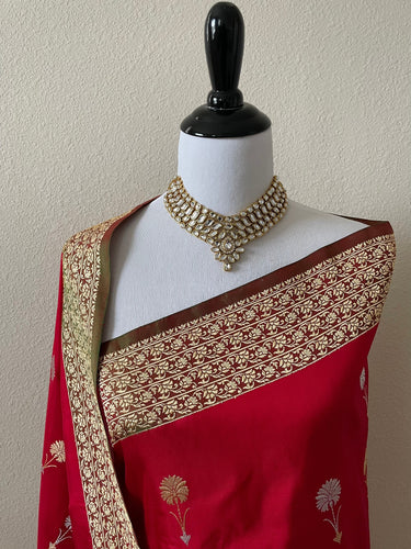 Banarasi Katan Silk thread work saree | Kadwa weave |  Kadiyal Border | Red | Handwoven | Silk Mark | Ships from California